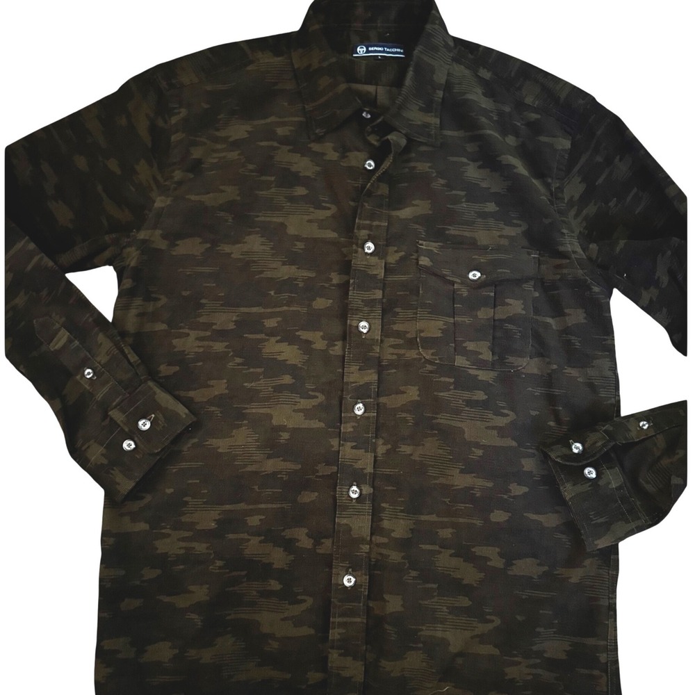 Sergio Tacchini Italy Mens Camo Button Down Shirt Large Olive Green L